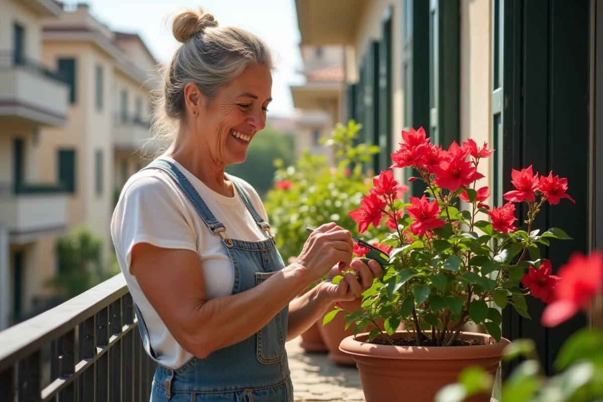 Femme taillant une bougainvillée sur un balcon urbain