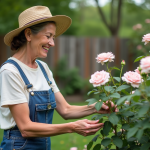 Femme en salopette taillant un rosier dans le jardin