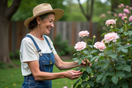 Femme en salopette taillant un rosier dans le jardin