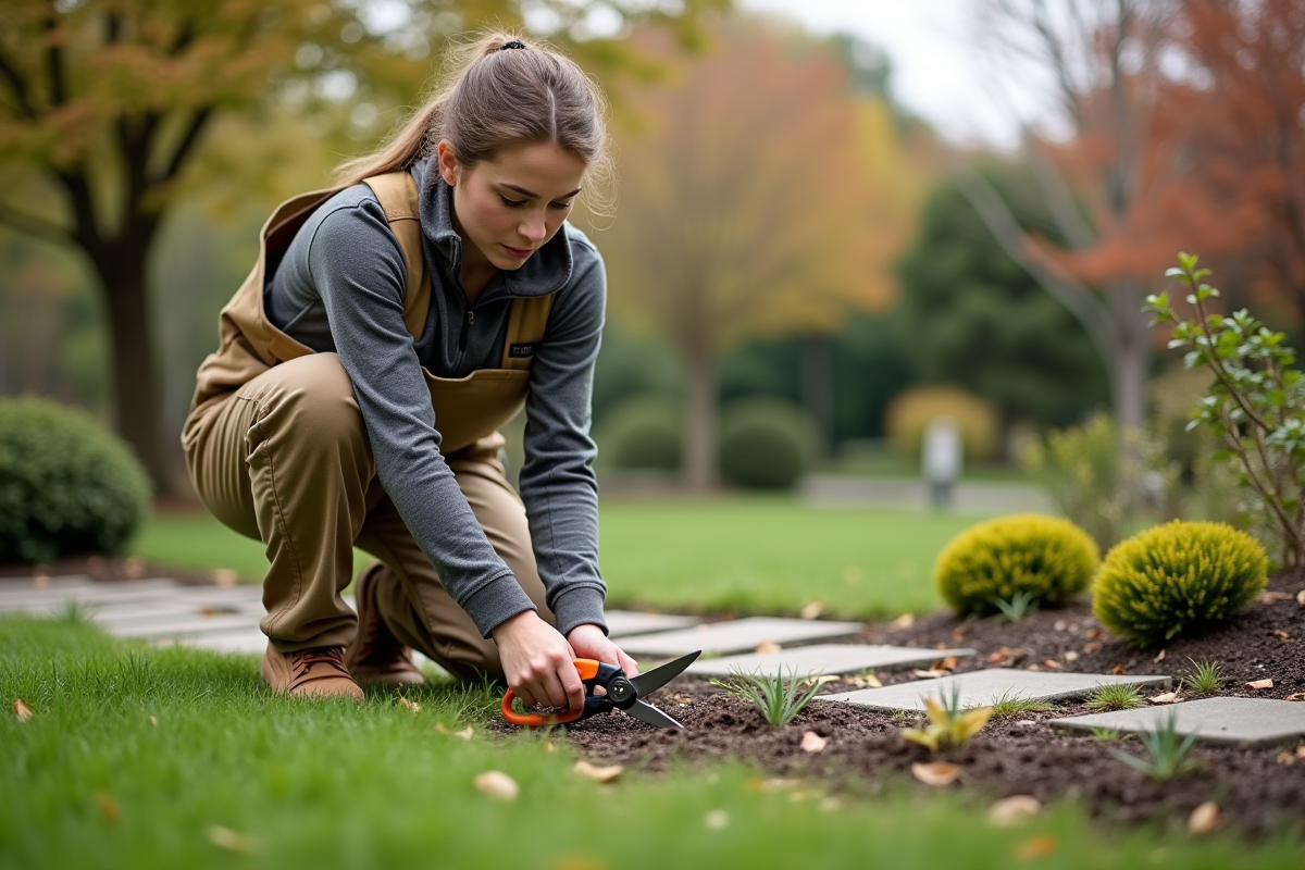Jeune femme taillant les bordures de la pelouse avec des ciseaux