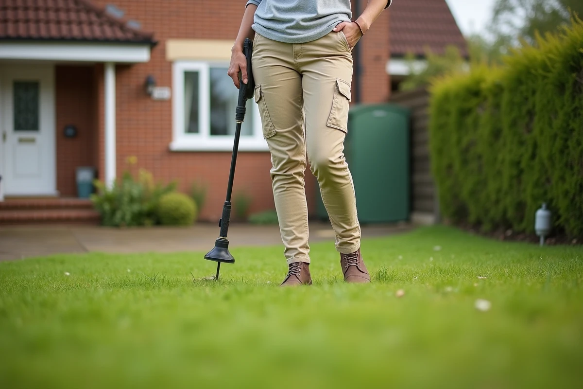 Femme traitant une pelouse envahie par la mousse avec un pulvérisateur de jardin