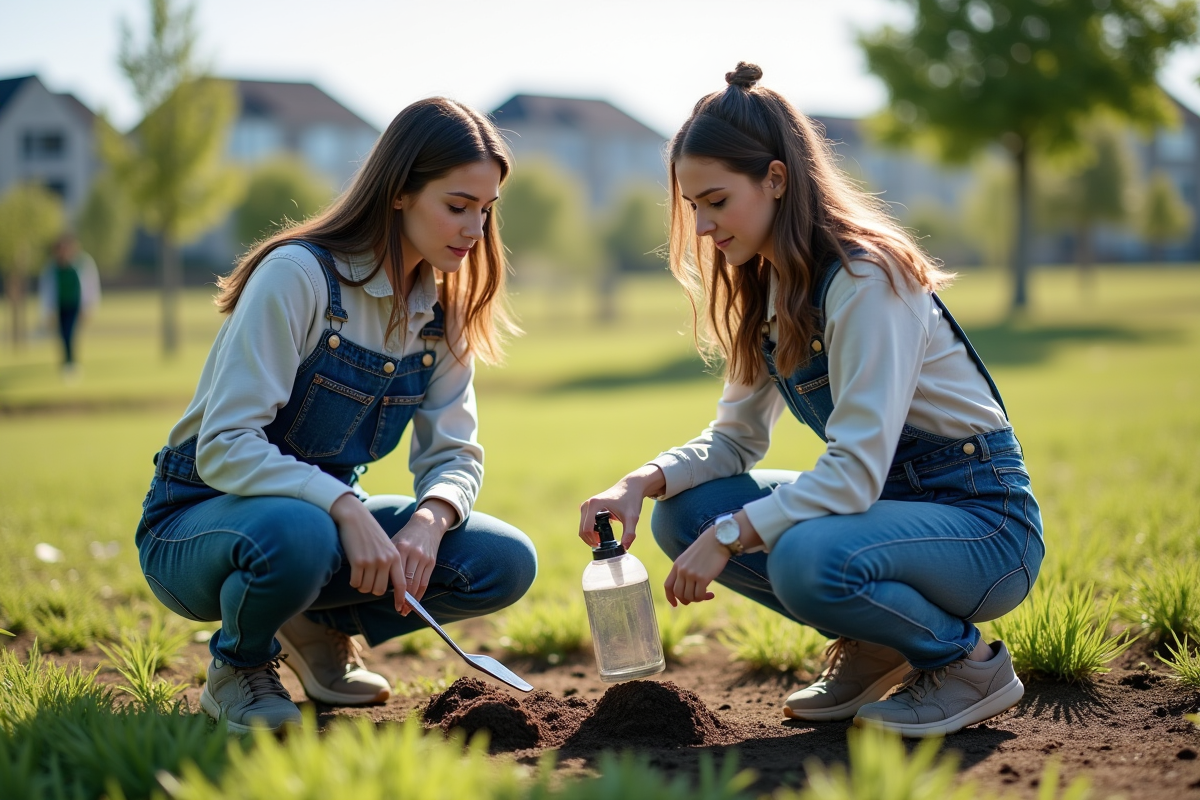 Deux jeunes femmes observant des fourmilières dans un parc
