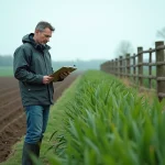 Fermeur inspectant un champ vert après pluie avec un clip et bottes