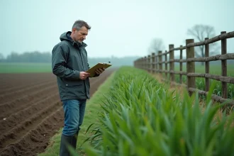 Fermeur inspectant un champ vert après pluie avec un clip et bottes