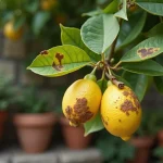 Feuilles de citronnier avec tâches marron irrégulières et bords jaunis, symptômes visibles de maladie fongique