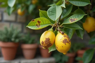 Feuilles de citronnier avec tâches marron irrégulières et bords jaunis, symptômes visibles de maladie fongique