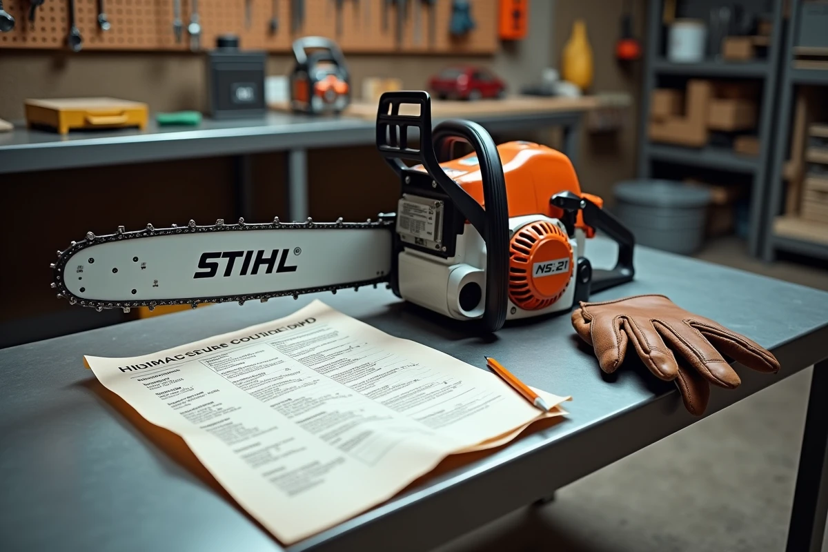 Fiche technique STIHL MS 211 dépliée sur un établi d'atelier à côté de la tronçonneuse et de gants de travail