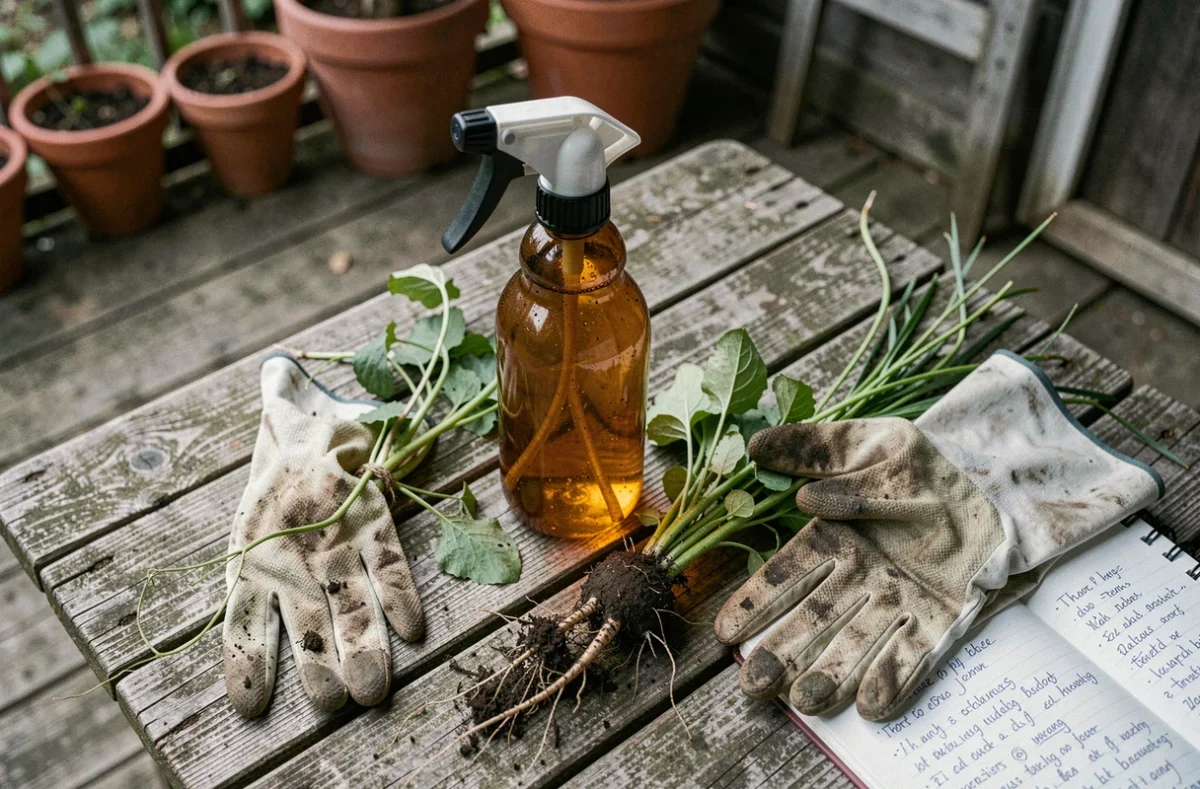 Flacon de désherbant chimique posé sur une table de jardin avec des gants de protection et des mauvaises herbes arrachées