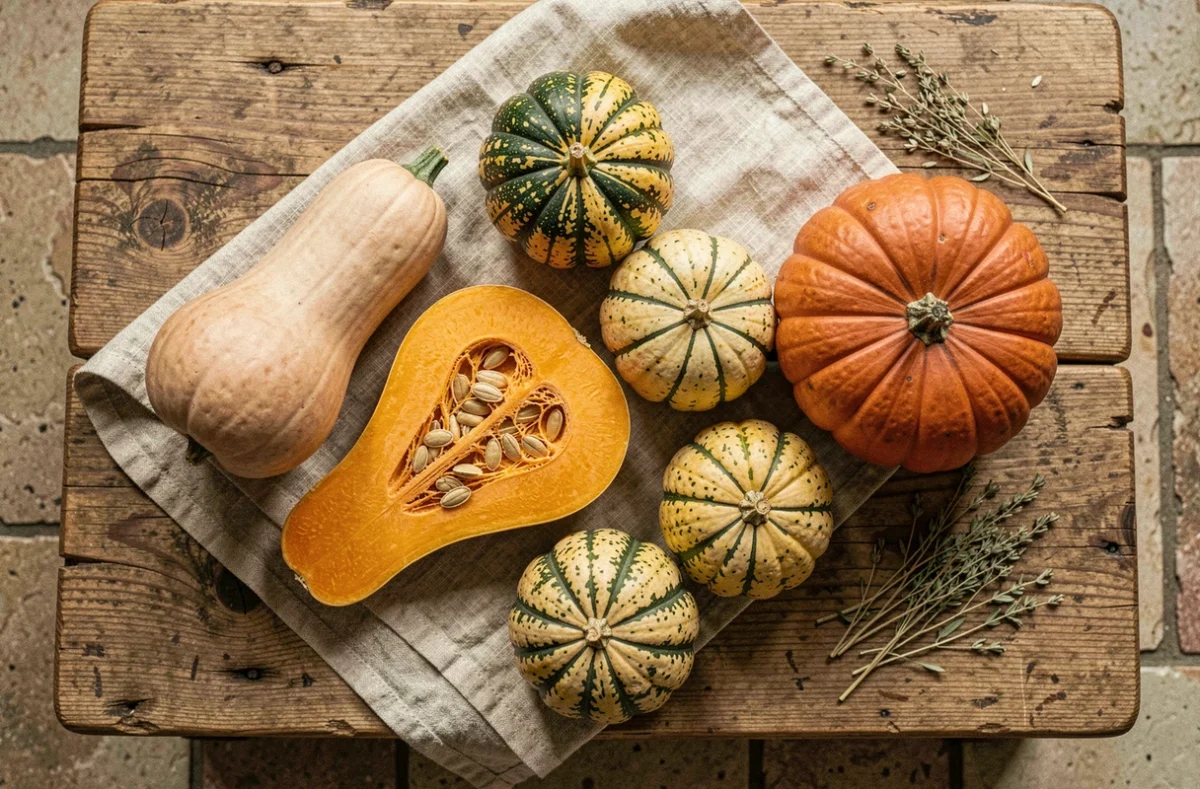 Vue de dessus de courges et coloquintes fraîchement récoltées sur une table en bois rustique, dont une courge butternut coupée en deux