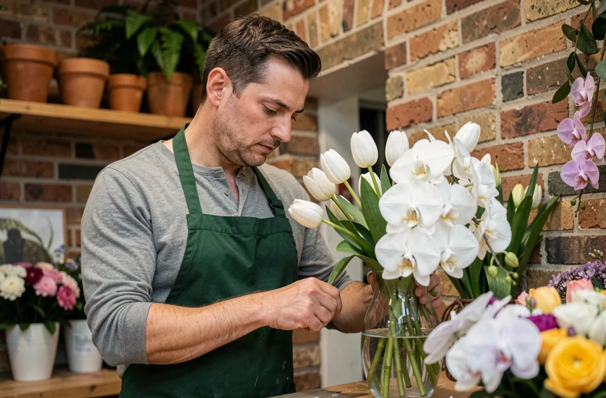 Fleuriste arrangeant des fleurs blanches dans une boutique, illustration des conseils professionnels sur la signification et les erreurs courantes liées aux fleurs blanches