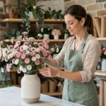 Fleuriste professionnelle arrangeant des tiges de Chamelaucium Geraldton Wax dans un vase en céramique dans une boutique de fleurs moderne à Paris