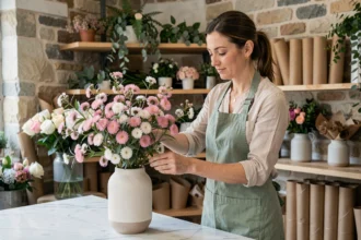 Fleuriste professionnelle arrangeant des tiges de Chamelaucium Geraldton Wax dans un vase en céramique dans une boutique de fleurs moderne à Paris