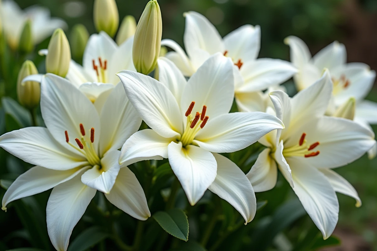 Gros plan de fleurs blanches comme lys et gardenias dans le jardin