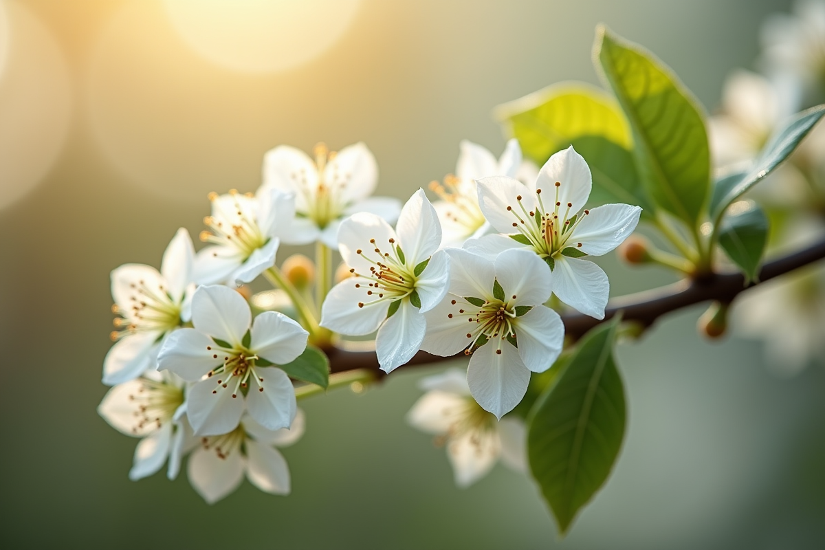 Gros plan sur fleurs blanches avec rosée du matin