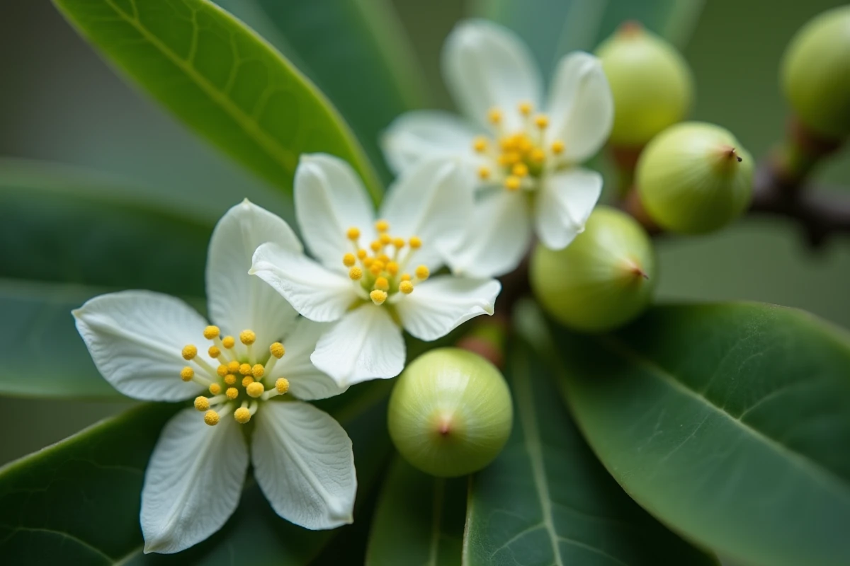 Gros plan sur les fleurs blanches et les fruits verts de l'oranger du Mexique sur une même branche