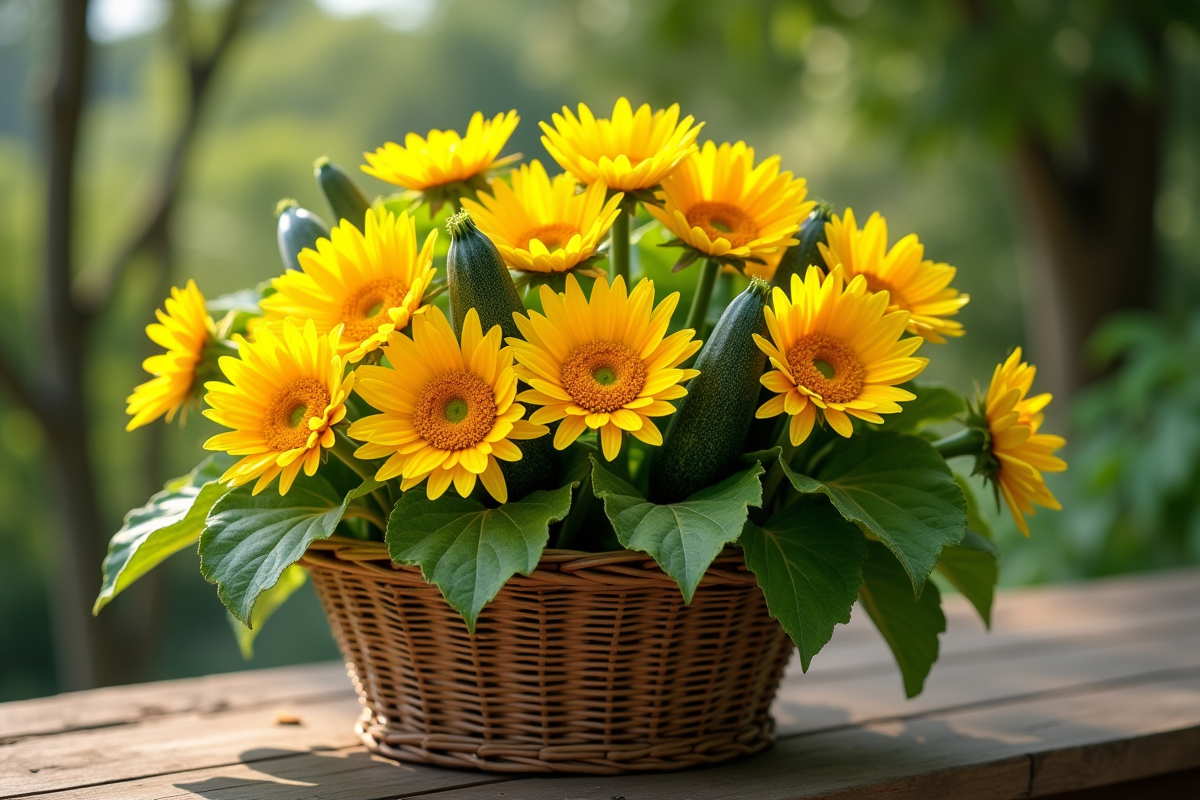 Fleurs de zucchini récoltées dans un panier en osier