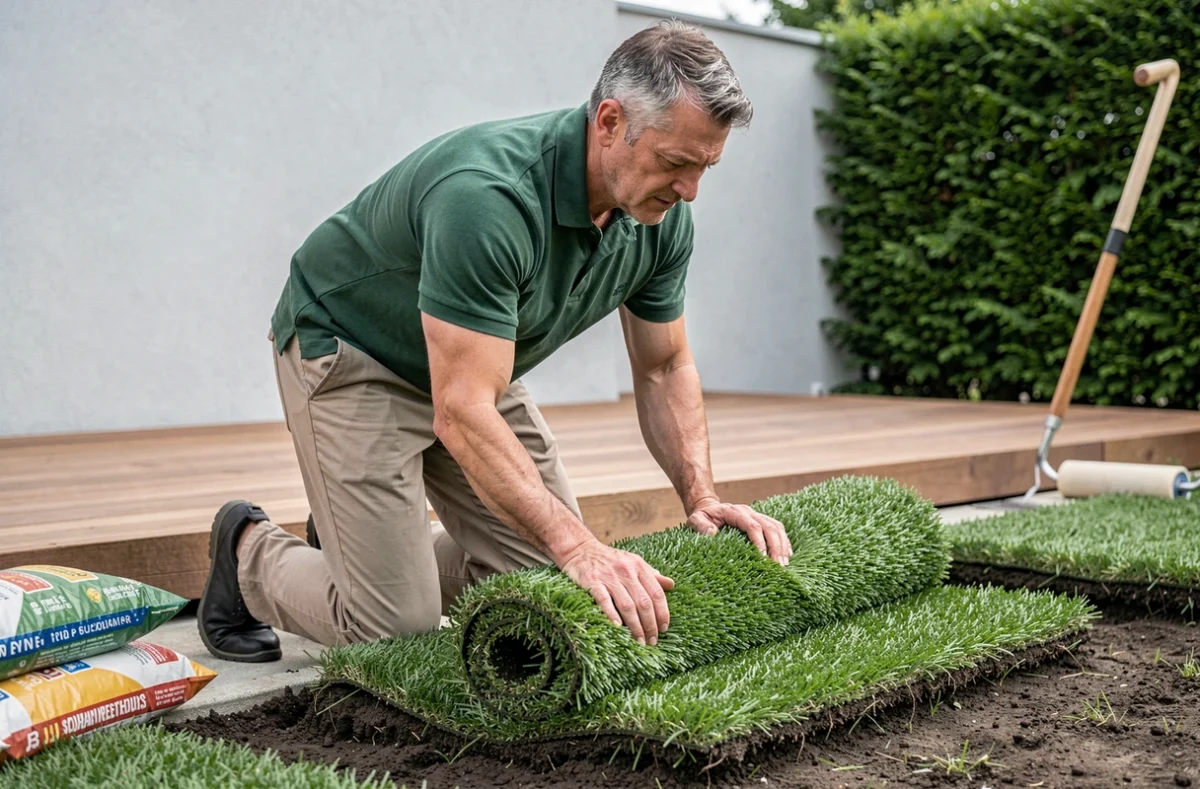 Spécialiste de Gazon du Sud posant des rouleaux de gazon premium dans un jardin résidentiel moderne de la région toulousaine