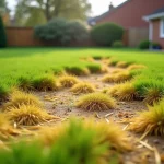 Pelouse résidentielle avec plaques de gazon jauni suite à un désherbant sélectif mal appliqué, entourée d'herbe verte saine