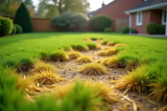 Pelouse résidentielle avec plaques de gazon jauni suite à un désherbant sélectif mal appliqué, entourée d'herbe verte saine