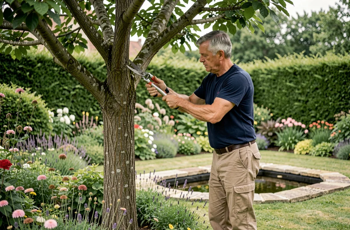 Germain Lautru taillant un arbre ornemental mature dans un jardin résidentiel paysager de la Sarthe avec étang et haies en arrière-plan