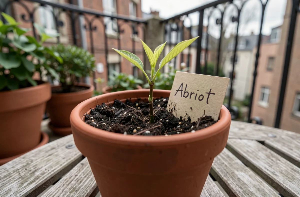 Jeune pousse de noyau d'abricot germant dans une jardinière en terre cuite sur balcon