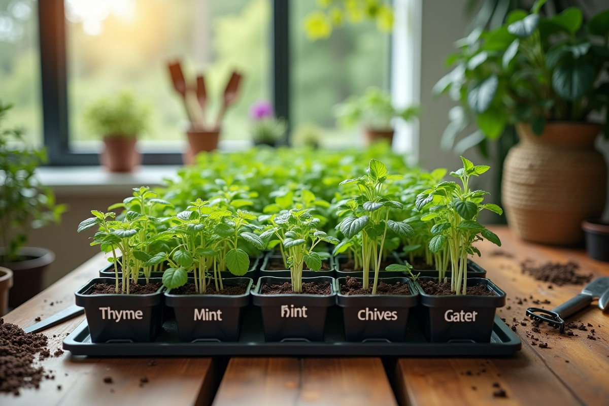 Jeunes pousses de plantes aromatiques sur une table moderne