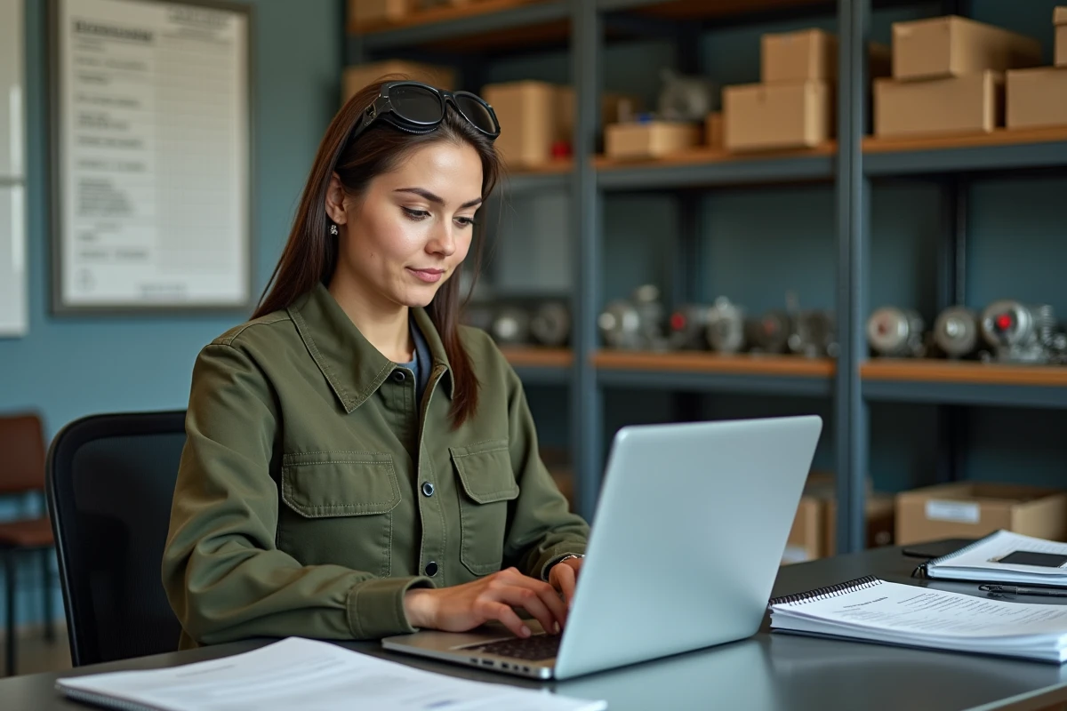 Femme gérant les commandes de fournitures agricoles en ligne depuis le bureau d'un atelier de ferme