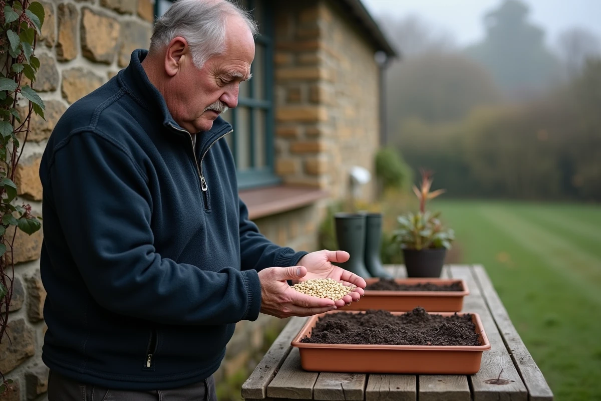 Homme tenant des graines de fèves dans les mains devant un banc de jardinage en pierre en automne