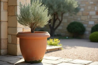 Grand pot de fleur extérieur XXL en terre cuite de 100 cm contenant un olivier sur une terrasse en pierre