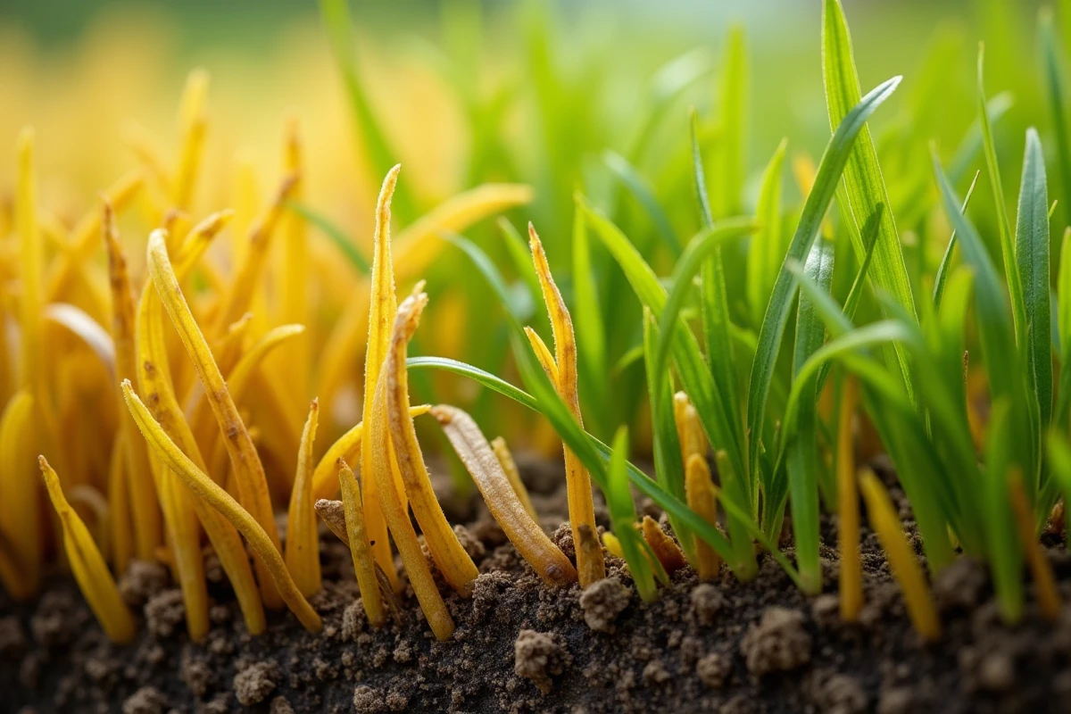 Gros plan sur des brins de gazon jaunes et abîmés par un désherbant sélectif à côté de brins d'herbe verts et sains