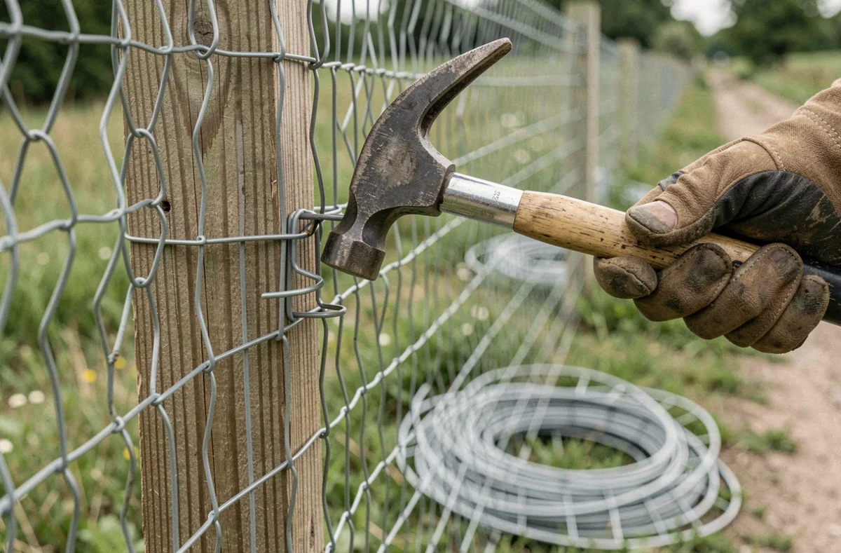 Gros plan sur la fixation d'un grillage sur un poteau en bois sans ciment avec des agrafes métalliques