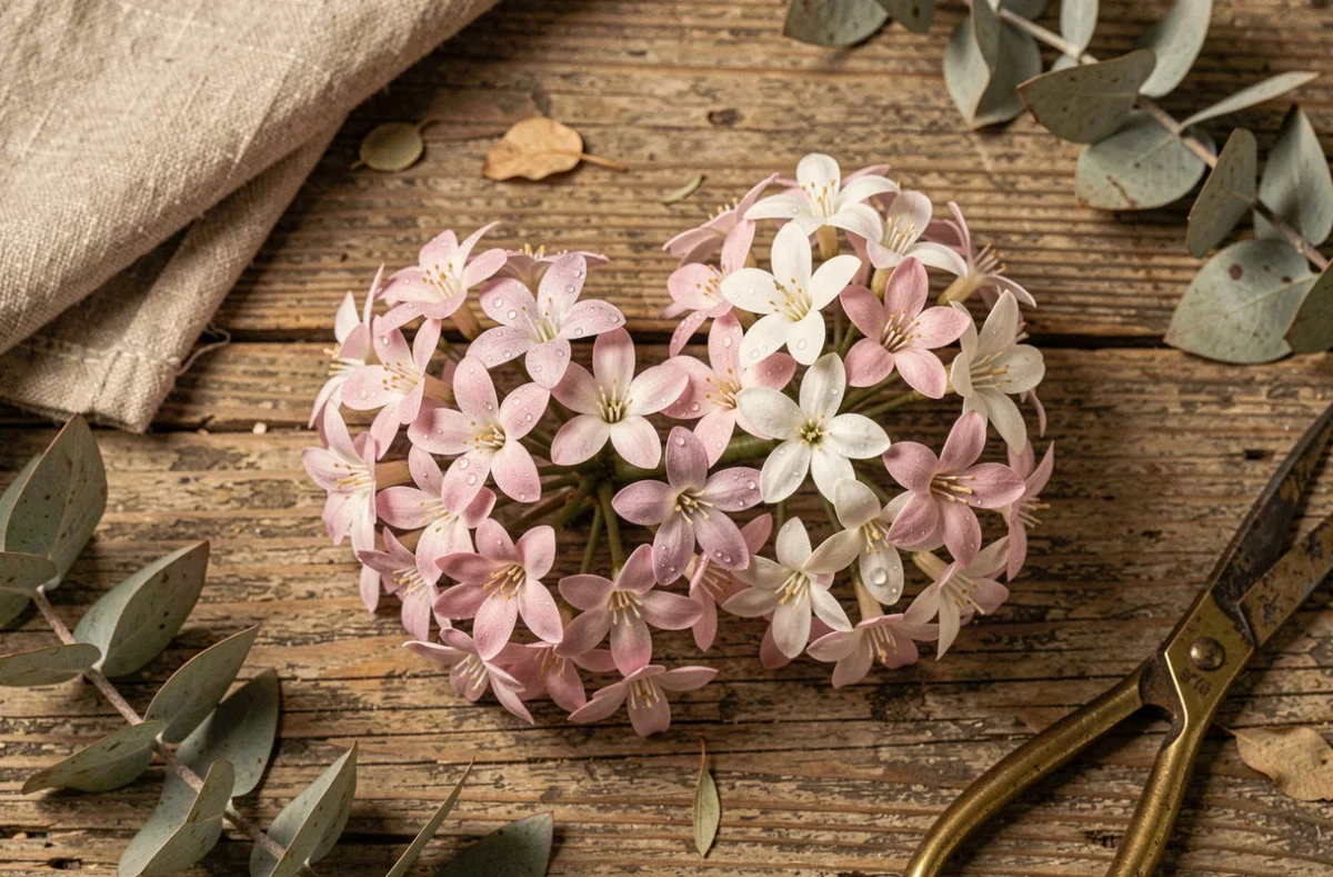 Gros plan macro sur des fleurs de Chamelaucium Geraldton Wax aux pétales roses et blancs disposées sur une surface en chêne rustique dans un style botanique