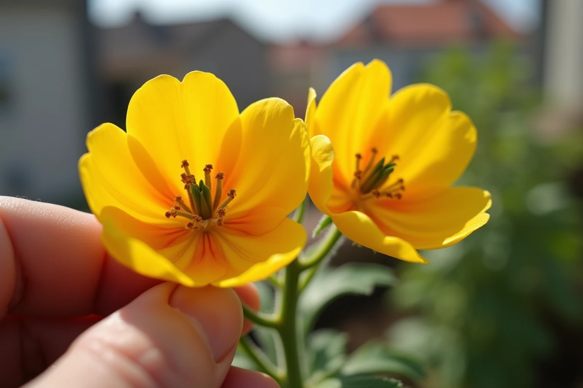 Gros plan sur des fleurs de tomates avec du pollen visible lors d'une pollinisation manuelle sur balcon