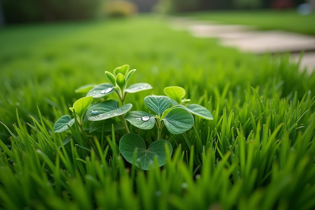 Gros plan sur des mauvaises herbes à feuilles larges traitées avec un herbicide sélectif au milieu d'une pelouse dense et verte au printemps