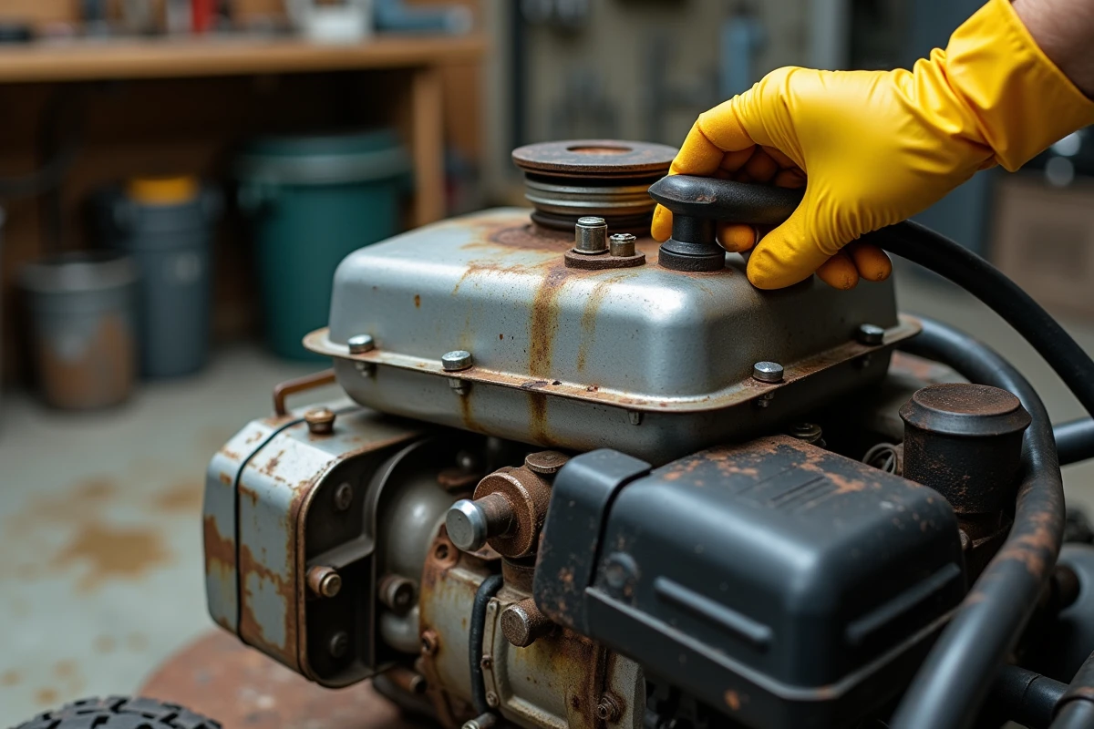 Gros plan du moteur vieilli d'une tondeuse à gazon lors du remplissage d'essence dans un garage