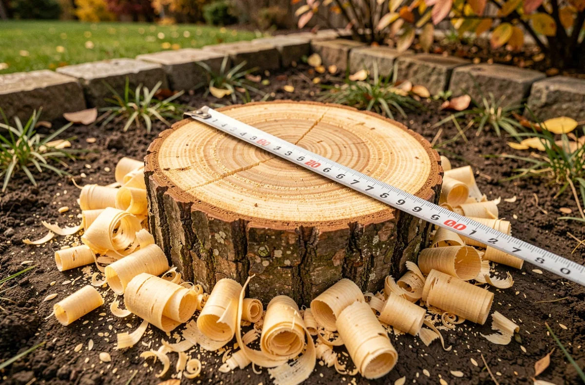 Gros plan sur une souche d'arbre fraîchement rognée avec un mètre ruban indiquant son diamètre