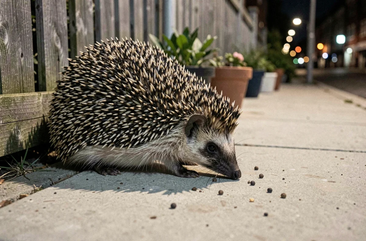 Hérisson urbain cherchant de la nourriture près d'une clôture avec des crottes visibles sur le trottoir en béton