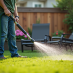 Homme d'âge moyen arrosant la pelouse verte