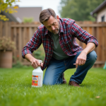 Homme arrosant les mauvaises herbes avec vinaigre dans le jardin