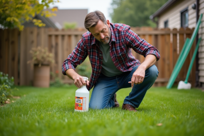 Homme arrosant les mauvaises herbes avec vinaigre dans le jardin