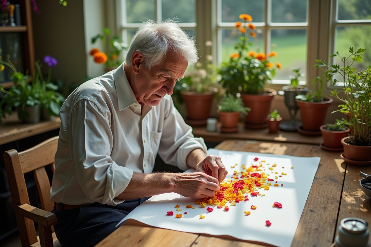 Homme âgé arrangeant des pétales de fleurs sur une table intérieure