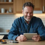 Homme souriant utilisant une tablette dans la cuisine avec outils