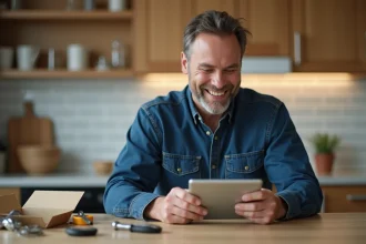 Homme souriant utilisant une tablette dans la cuisine avec outils