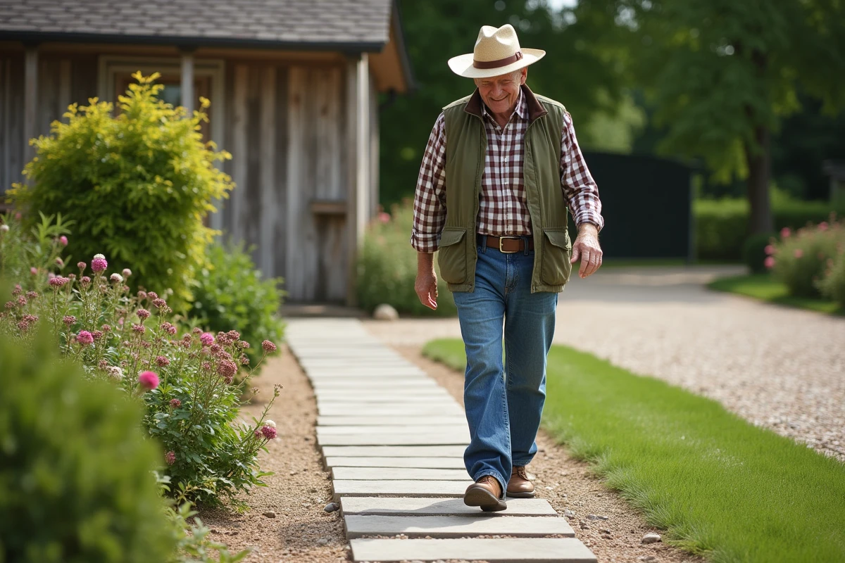Homme marchant sur un chemin en pierre dans le jardin