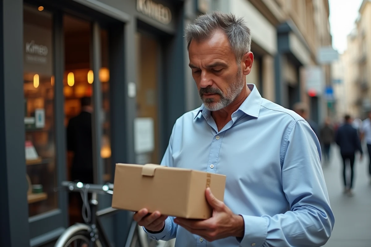 Homme regardant un colis électronique dans la rue urbaine