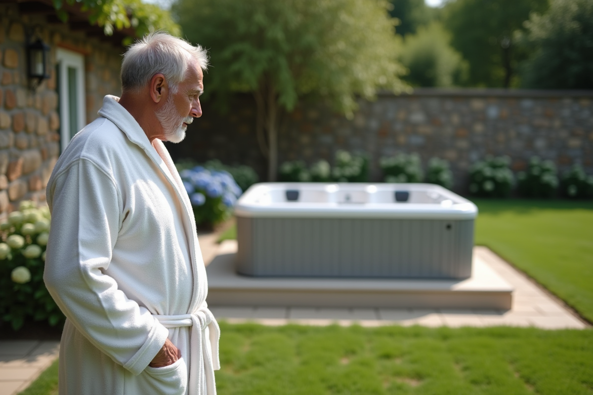 Homme âgé contemplant une coque de jacuzzi dans son jardin