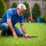 Homme d'âge moyen examine un nid de fourmis dans le jardin