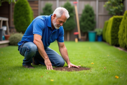 Homme d'âge moyen examine un nid de fourmis dans le jardin