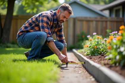 Homme mesurant la bordure en béton dans le jardin