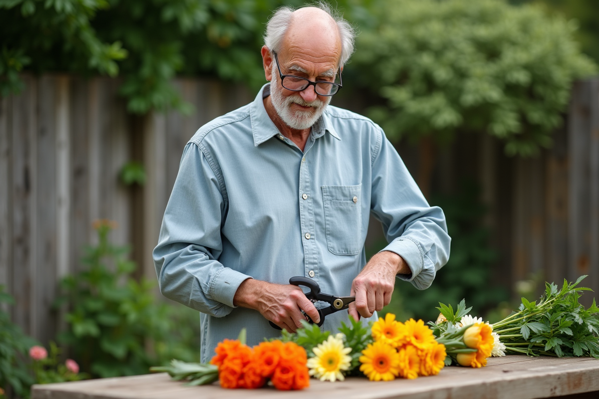 Homme âgé coupant des fleurs dans le jardin